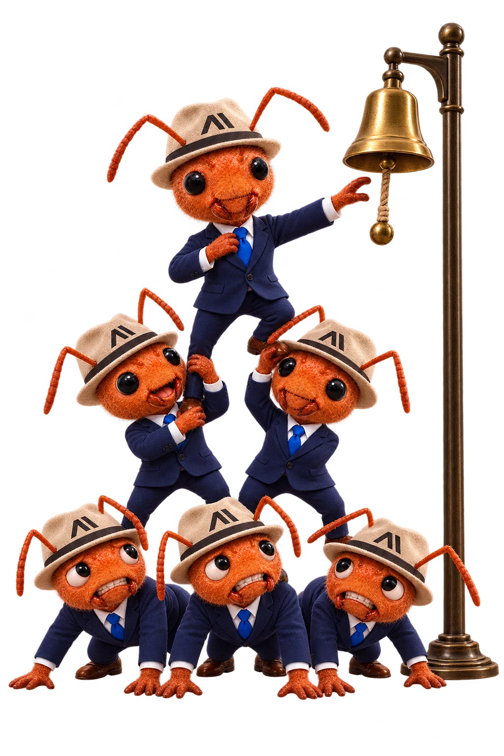 Six suited ants form a pyramid. The leader straightens his tie while trying to reach an opening bell.