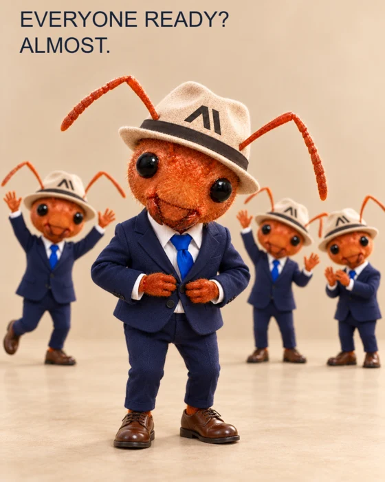 Everyone ready? Almost. One ant is still fastening his suit while the others celebrate.
